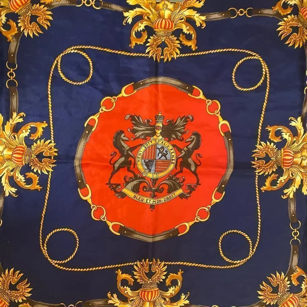 Honi Soit Aly Pense Silk Scarf - 34x34 red , navy gold , British silk scarf